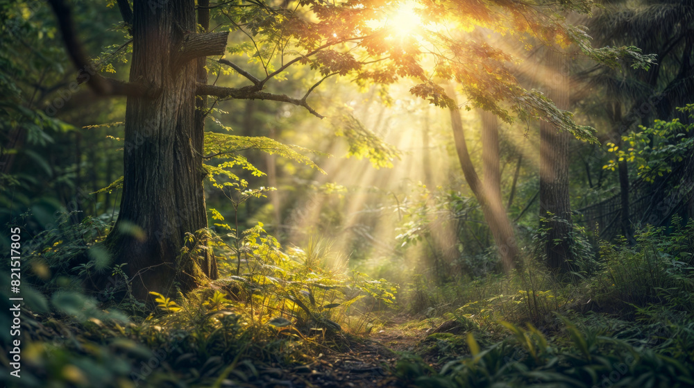 Poster sunlight filtering through forest trees creating magical atmosphere