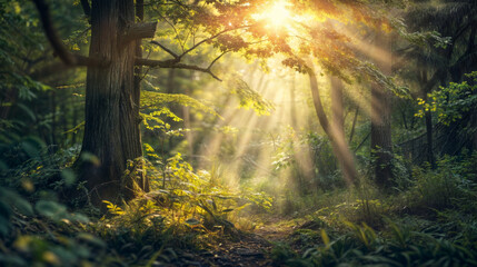 Sunlight Filtering Through Forest Trees Creating Magical Atmosphere