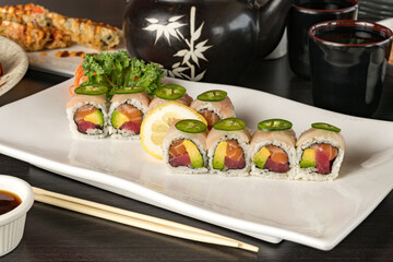 Tuna, salmon and avocado sushi