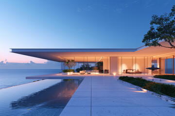 Fototapeta premium Luxury Island Villa With Infinity Pool At Sunset. 