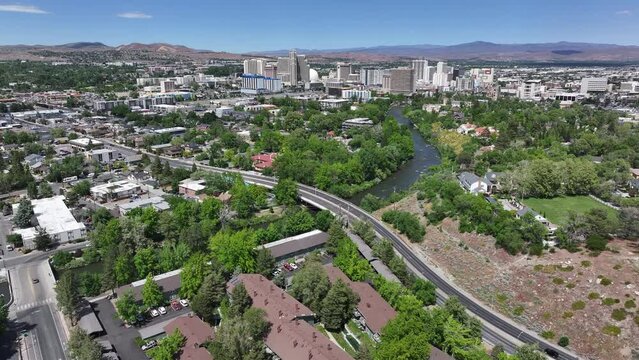 Reno Nevada - Downtown Aerial Approach over Truckee River 