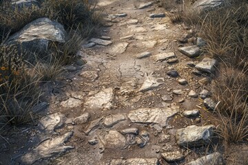 Close-up view of a rocky path with scattered large rocks. Nature trail concept