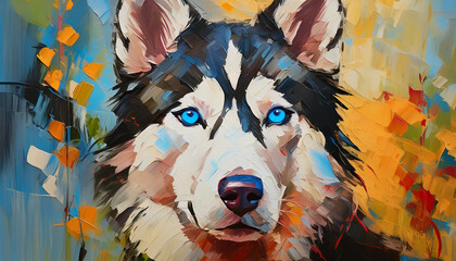 雪原を疾走するハスキー犬の迫力、荒々しい筆使いの油彩