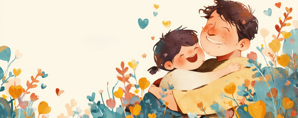 Happy father hugging daughter and smiling. Father and his kid together. Happy family. Global Day of Parents concept. Watercolor illustration for greeting card, banner or poster for Happy Parents day
