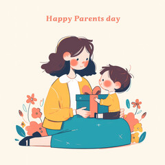 Little boy giving present to his mother on Parents day. Child receiving gift from his parent on holiday. Global Day of Parents concept. Watercolor illustration for greeting card, banner or poster