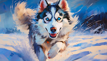 雪原を疾走するハスキー犬の迫力、荒々しい筆使いの油彩