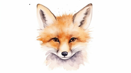 water color illustration of a fox face front view on white background