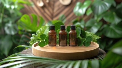 Essential Oil Bottles on Wooden Tray