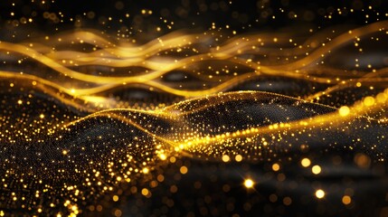 Fototapeta premium Digital gold gradient background with wave of glowing particles dots.