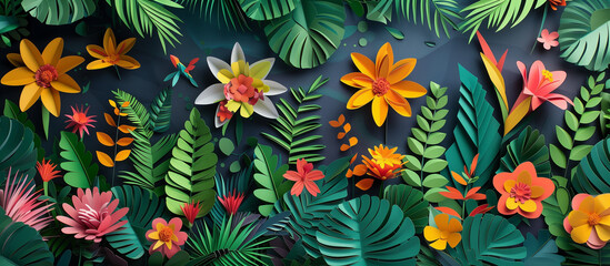 Obraz premium A colorful paper flower garden with a variety of flowers and leaves. The flowers are arranged in a way that creates a sense of depth and movement. Scene is cheerful and vibrant