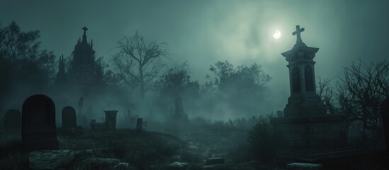 Fototapeta premium Eerie Moonlit Cemetery with Dense Fog