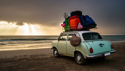 Car on the beach. Small retro car with baggage luggage and beach equipment.