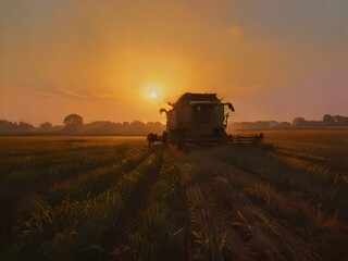 Fototapeta premium a tractor is driving through a field at sunset.