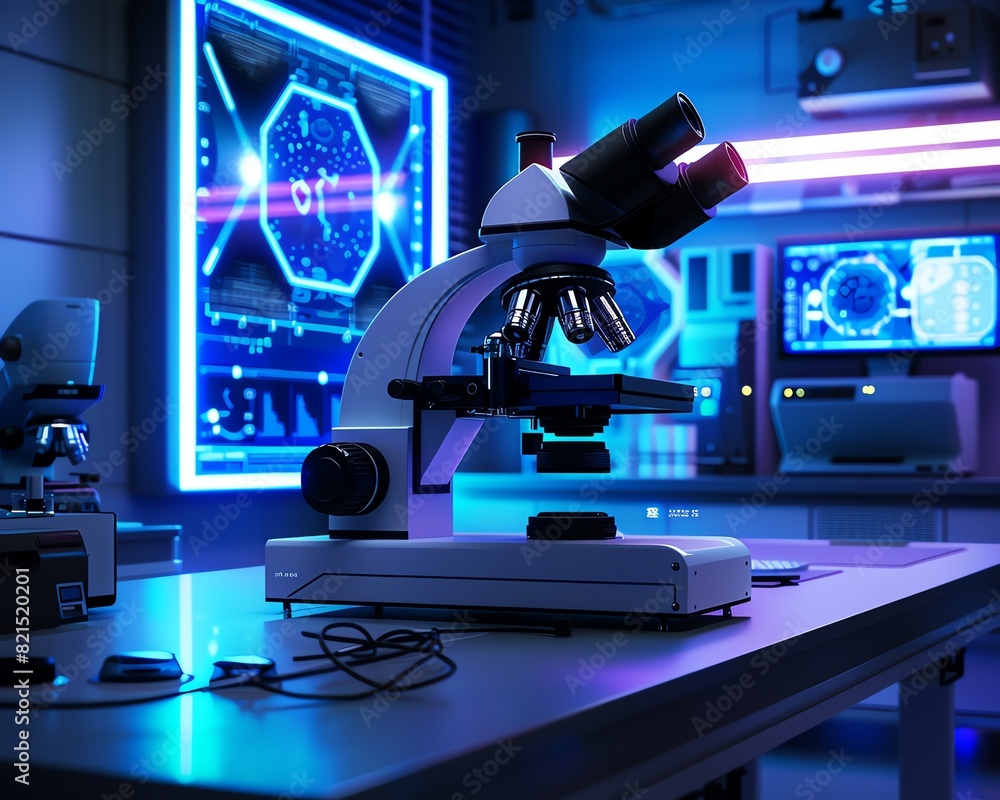 Poster futuristic laboratory with microscope and digital display showcasing advanced scientific research an