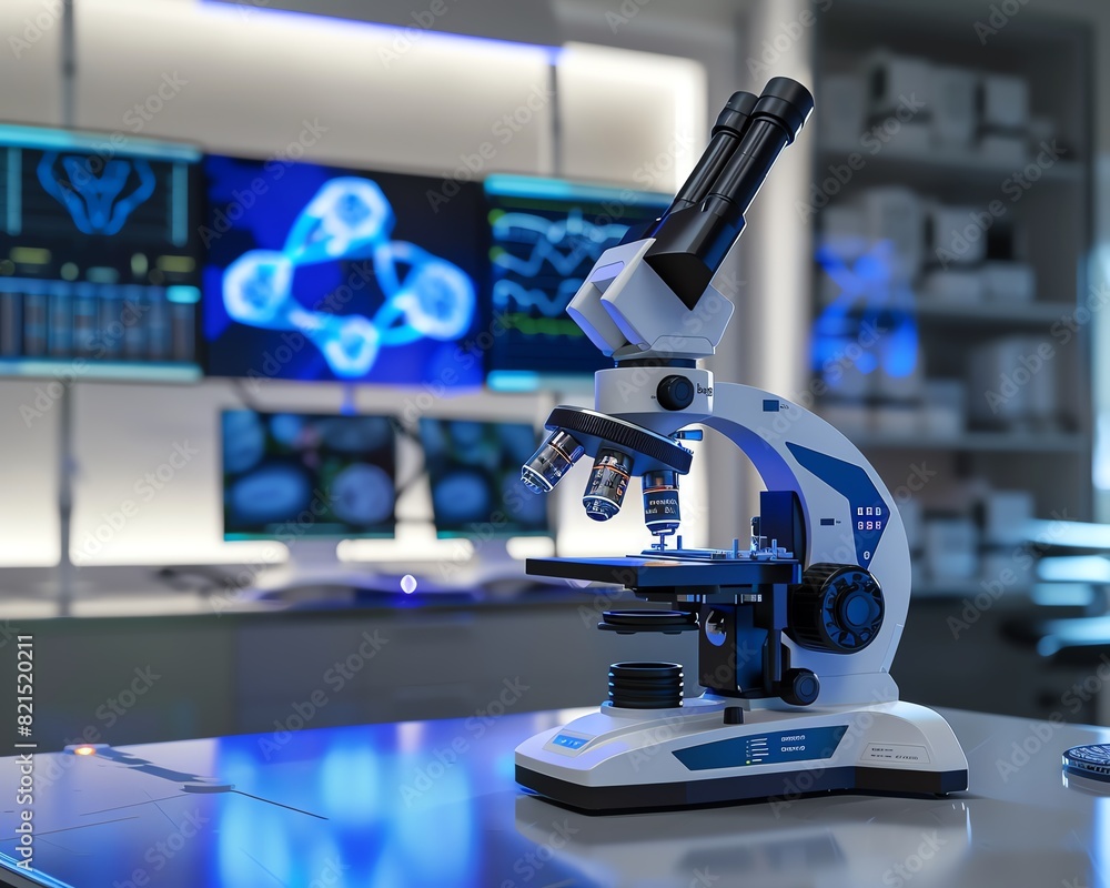 Poster modern laboratory microscope with high-tech monitors displaying scientific data in advanced research