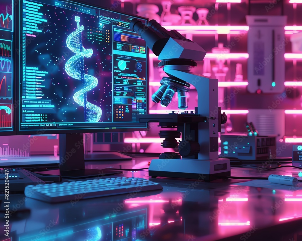 Poster modern laboratory with advanced microscope and computer displaying dna sequence data, illuminated by