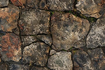 Detailed view of fractured, damaged stone texture. Aged, worn rock background concept