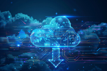 Fototapeta premium Data cloud solutions and cloud computing integrated on CPU & circuit board hardware. Data transfers coming out of processor.