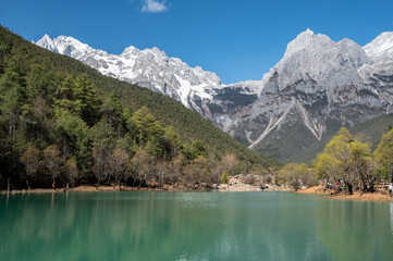 Beautiful view of the Blue Moon Valley a popular spot inside the Jade Dragon Snow Mountain Scenic Area of Lijiang, in Yunnan province, China.