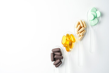 Obraz premium Various vitamin and mineral pills in transparent spoon food supplement health product