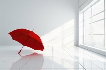 Fototapeta premium An open red umbrella lies on the floor in a bright room