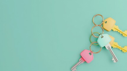 3D rendering of colorful keys on a keychain isolated over a pastel green background in a top view with copy space concept, real estate, and a moving house flat lay top down view.