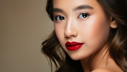 Close-up portrait of a beautiful young woman featuring intense eye contact and bold red lipstick, emphasizing her elegant beauty.