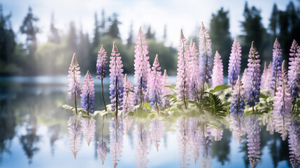 Double Exposure, White Background, lupins by a pond illustration ~ Created using Generative AI