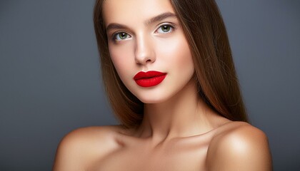 Close-up portrait of a beautiful young woman featuring intense eye contact and bold red lipstick, emphasizing her elegant beauty