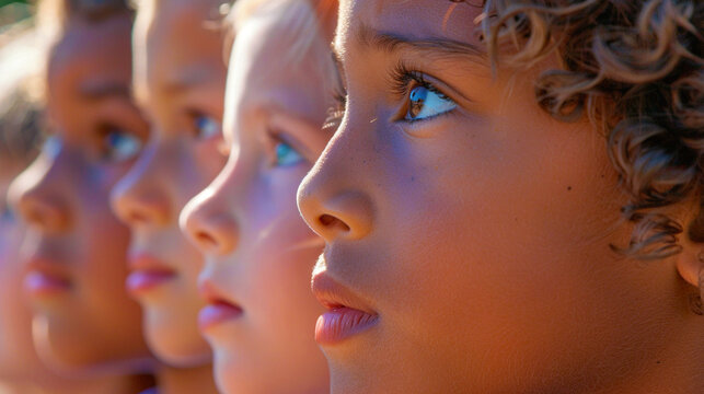 Close-up of schoolchildren's faces in a line with serious expressions.