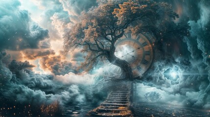 Surreal Tree With Clock Among Mystical Clouds And Stairs