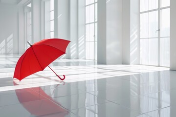 Fototapeta premium An open red umbrella lies on the floor in a bright room