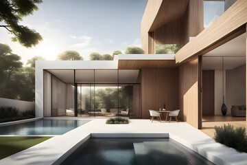 Modern luxury apartments with balconies overlook a sparkling pool, creating a sleek residential...