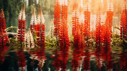 Double Exposure, White Background, lupins by a pond illustration ~ Created using Generative AI