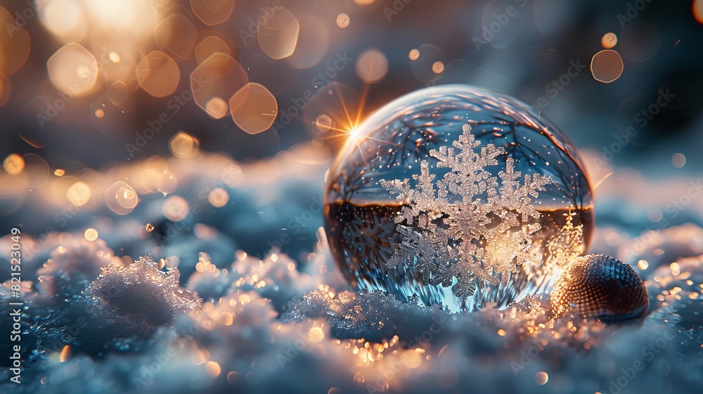 Poster an enchanting snow globe containing intricate snowflakes and gleaming balls