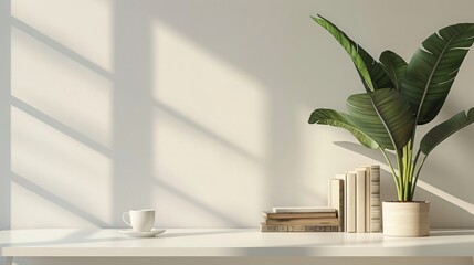 3D rendering of books and a coffee cup on a white table with copy space for text, a plant in a pot near the wall. Home interior design concept banner mockup