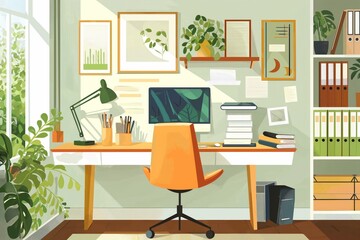 A cartoon drawing of a desk with a computer, a chair, and a potted plant generated by AI