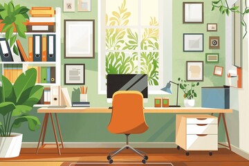 Fototapeta premium A cartoonish drawing of a home office with a desk, chair, computer generated by AI