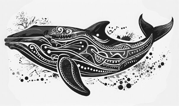 Black silhouette whale with graphic pattern. Marine-themed tattoo design. Print for clothes. stylized shape silhouette keith logo. Marine animals, the underwater world. World ocean day.
