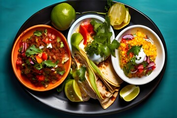 A variety of dishes on a ONE PLATE. Restaurant serving. Top view. mexican food