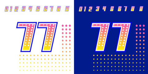 racing number 77 pink and yellow with halftone effect for sports, racing, racing and esports, workshops