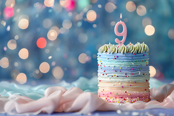 A cake with the number nine on it is lit with a pink candle. The cake is decorated with colorful frosting and sprinkles, and it is placed on a table. Concept of celebration and joy