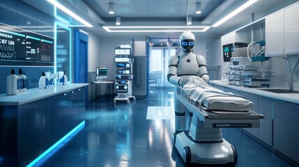 modern assistant robot in a hospital room with high technology and stretchers in high resolution and quality