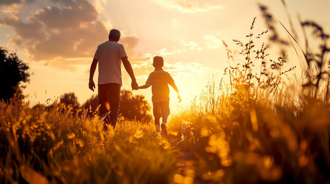 A father and son walking hand-in-hand in a field at sunset - Father's Day
