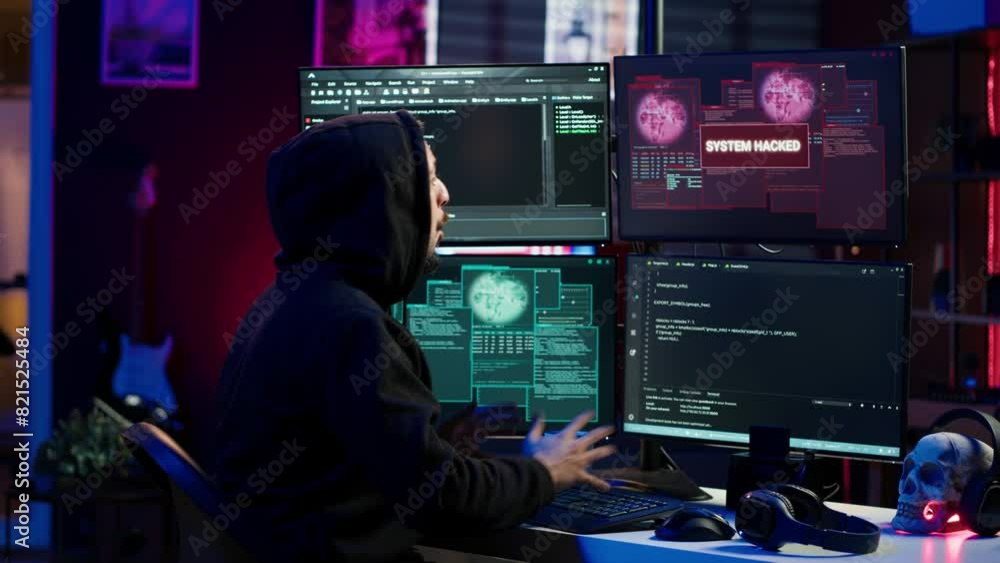 Poster hacker getting angry after failing to successfully develop spyware software stealing data. frustrate
