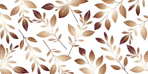 Luxury gold line art and Variegated Plants nature drawing background vector. Leaves and Floral pattern vector illustration