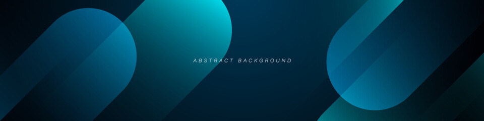 Dark blue abstract background with shiny geometric shape graphic. Modern blue gradient rounded rectangle design. Dynamic shapes. Horizontal banner template. Vector illustration