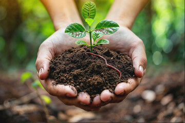 Hands holding soil with young plant and worm
