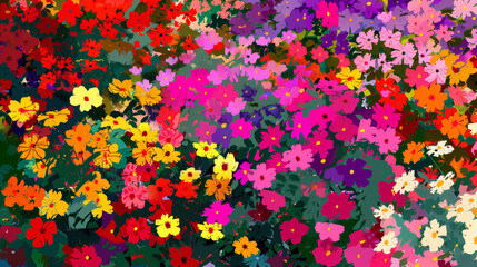 Obraz premium A vibrant garden showcasing a spectrum of brightly blooming flowers.