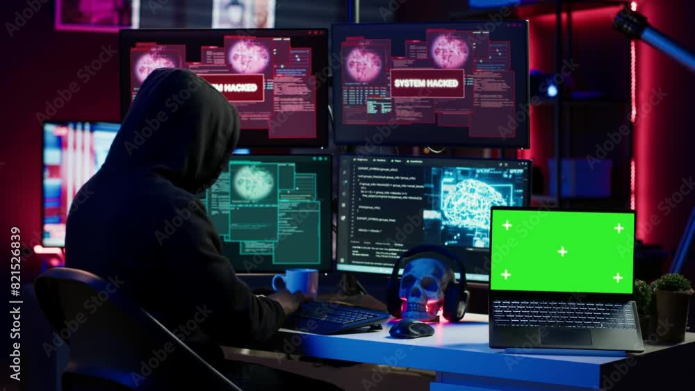 Poster hacker doing computer sabotage using trojan ransomware on green screen laptop. cybercriminal uses mo